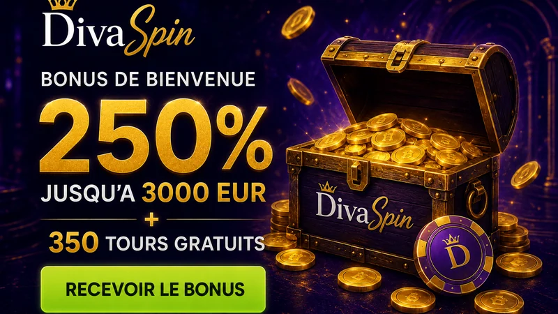 Détail du pack de bienvenue DivaSpin réparti sur quatre dépôts avec 350 tours gratuits et une condition de mise de 35x